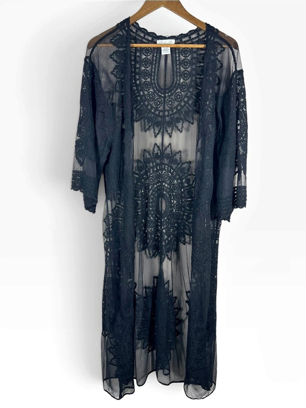 Rachel Zoe Womens Black Lace Kimono Duster One Size 3/4 Sleeve Sheer Whimsigoth